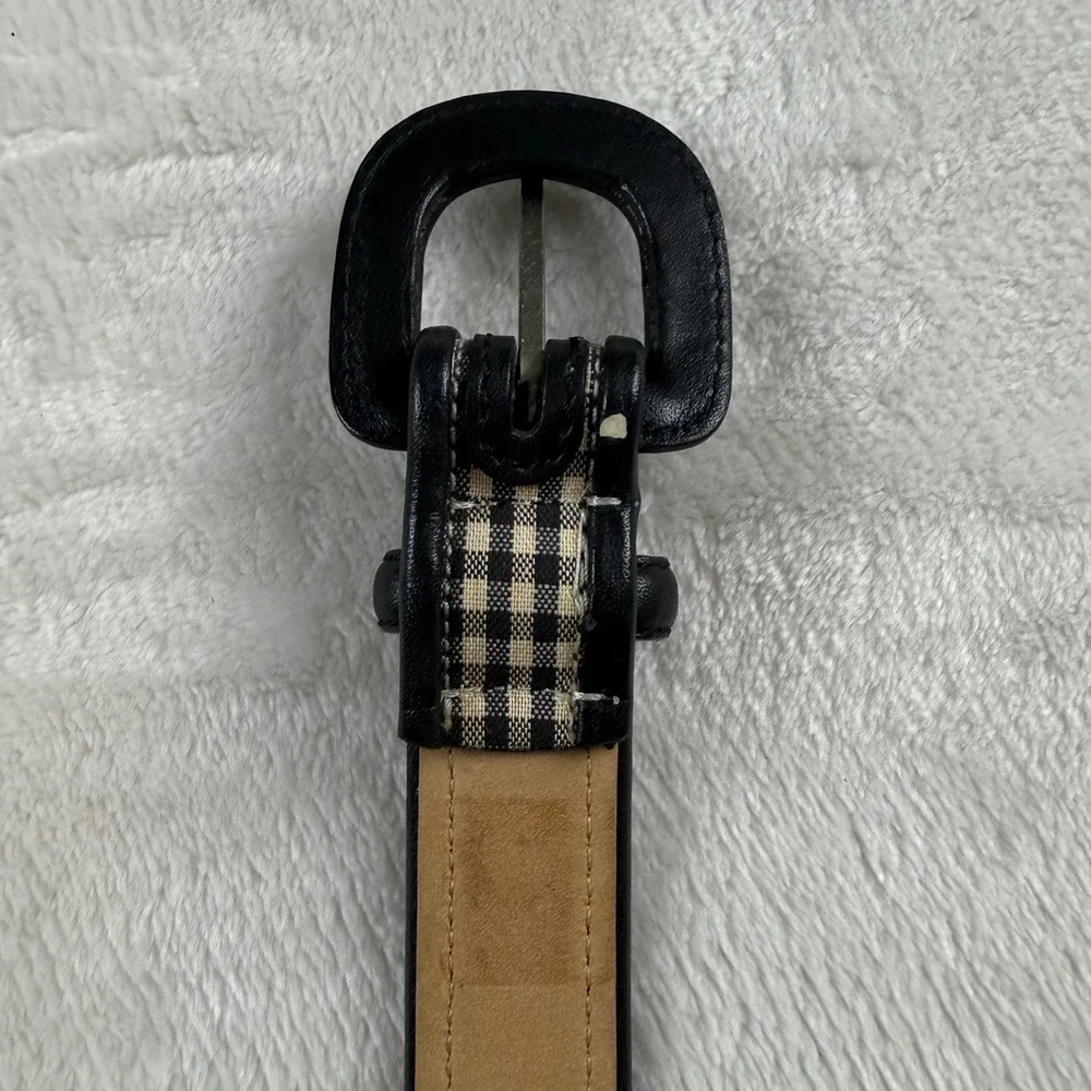 Vtg Talbots Gingham Check Belt Womens M Black Tan Genuine Leather Trim Preppy